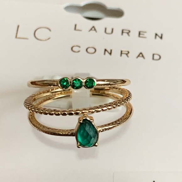 NWT Lauren Conrad gold tone green stone 3 ring set size 7 - Picture 2 of 3